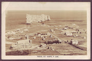 Percé, (Gaspé) Que. Aerial view of the Village and the Rock. Real Photo Postcard ca. 1930.